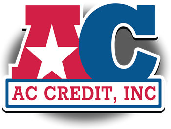 Logo for AC Credit, Inc. with large red and blue letters, a white star, and a rectangular banner with red text.