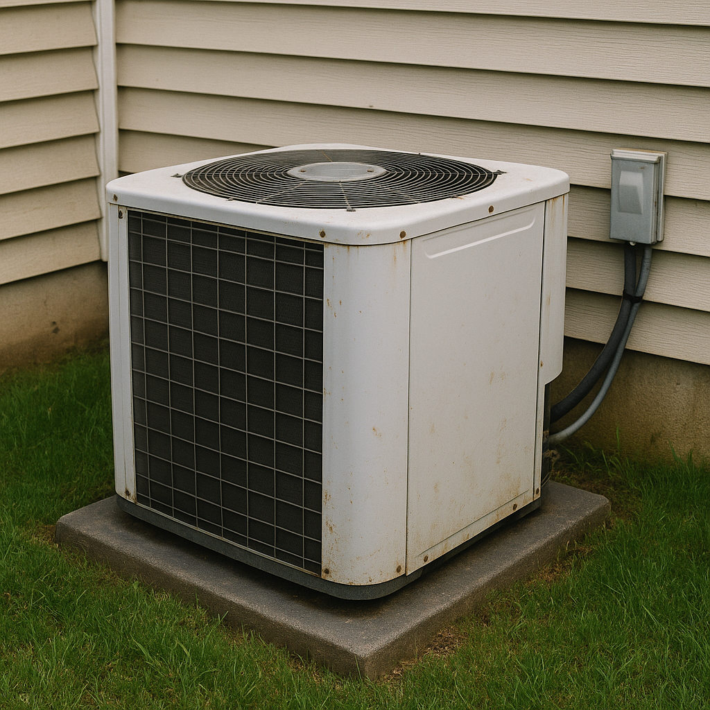 residential air conditioner outdoor unit at house corner