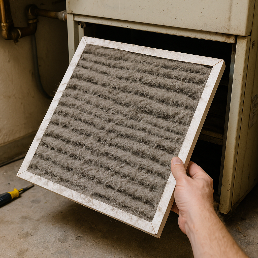 frost-covered AC coil behind open service panel