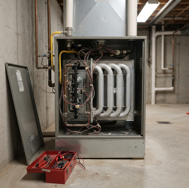 cracked furnace heat exchanger with visible flame and carbon monoxide warning