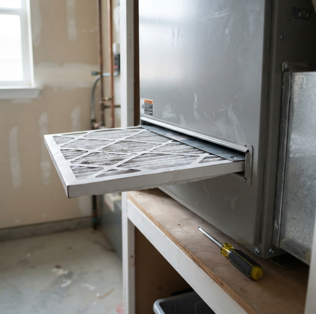 dusty HVAC air filter held next to new clean replacement