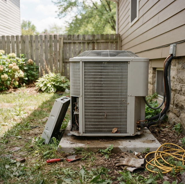 technician inspecting residential HVAC unit with tool