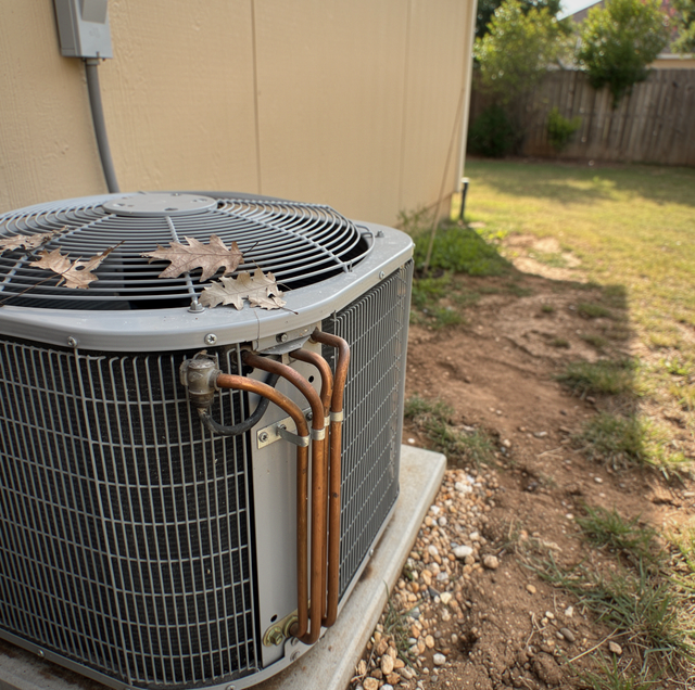 An outdoor air conditioning unit with leaves on its fan grill sits on a gravel pad next to a beige wall.