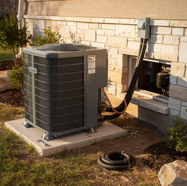 An HVAC unit sits on a concrete pad next to a stone building foundation with a coiled hose on the ground.
