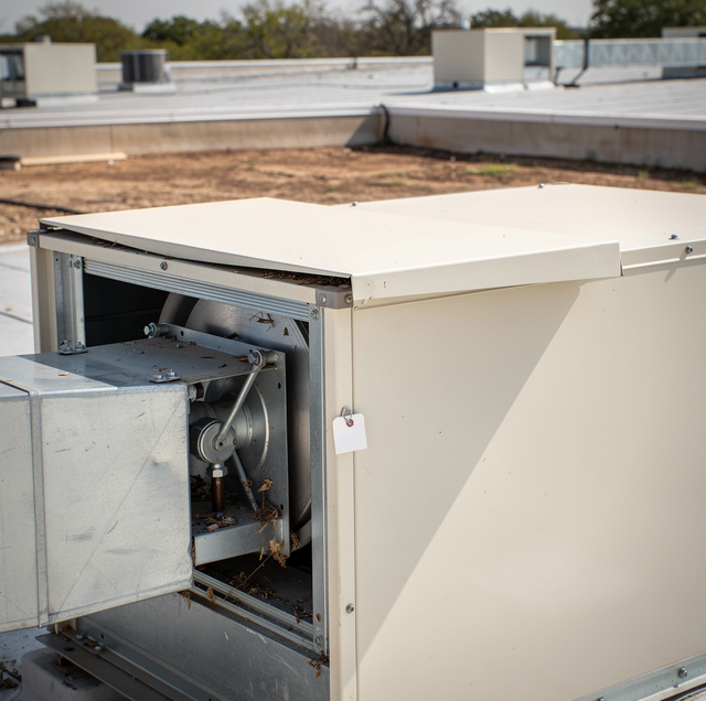 Mechanical rooftop unit with exposed fan and components on a building roof next to dirt ground.