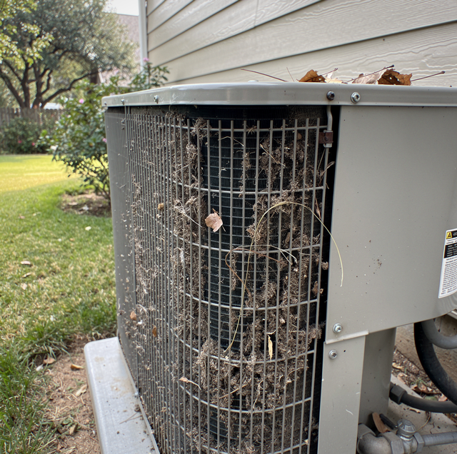 Air conditioning unit with dirty metal grille covered in debris next to a house with siding.