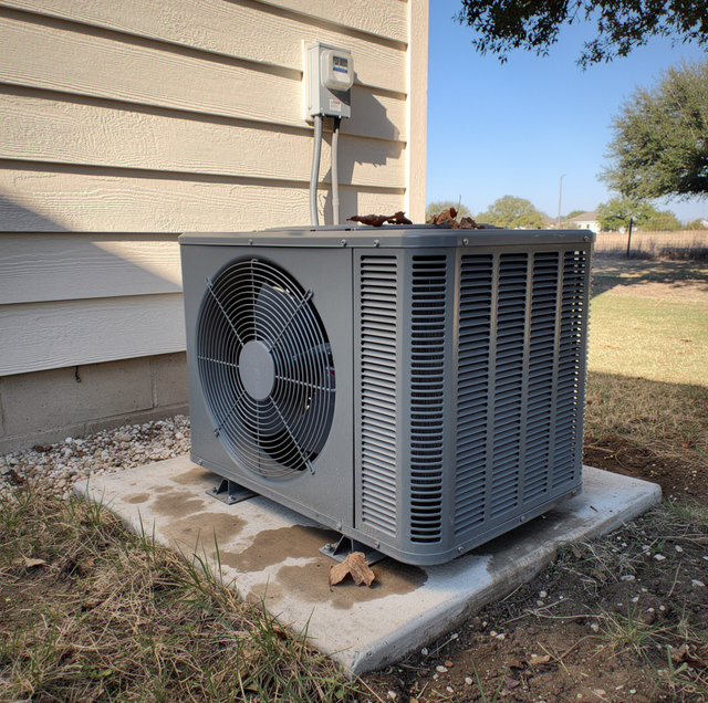 An air conditioning unit with a fan sits on a concrete pad next to a brick house with white siding.