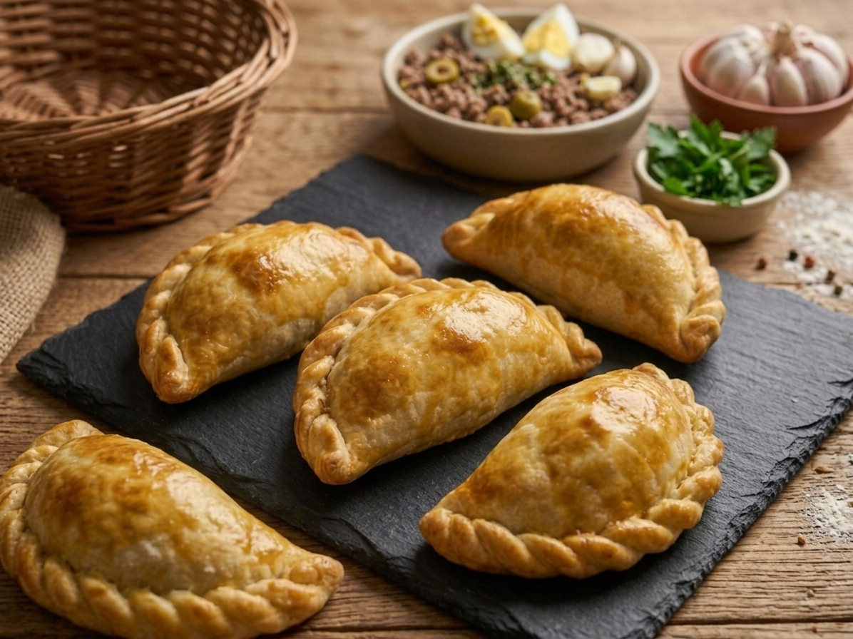 Five freshly baked empanadas arranged on a black slate serving board with bowls of salad, sliced garlic, and a pumpkin in the background on a rustic wooden table.