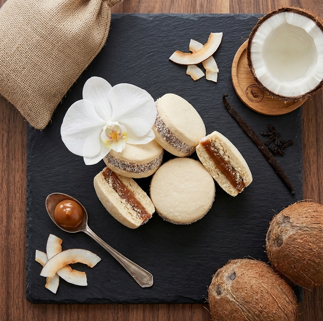 Assorted coconut-flavored cookies on a black slate serving board, garnished with an orchid flower, surrounded by coconut pieces, two whole coconuts, and coconut-related ingredients and utensils on a wooden table.
