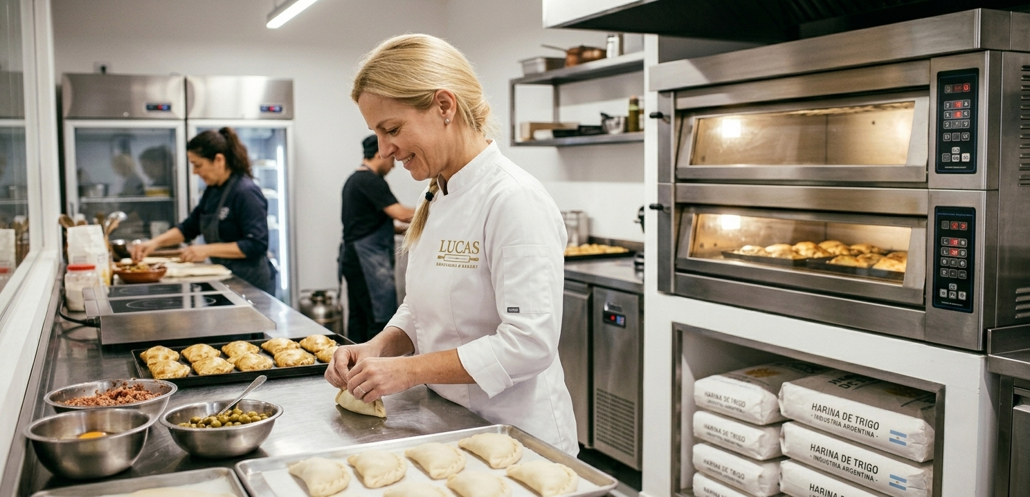 A woman in a white chef's coat preparing pastries in a commercial kitchen with other staff in the background, oven, and shelves.
