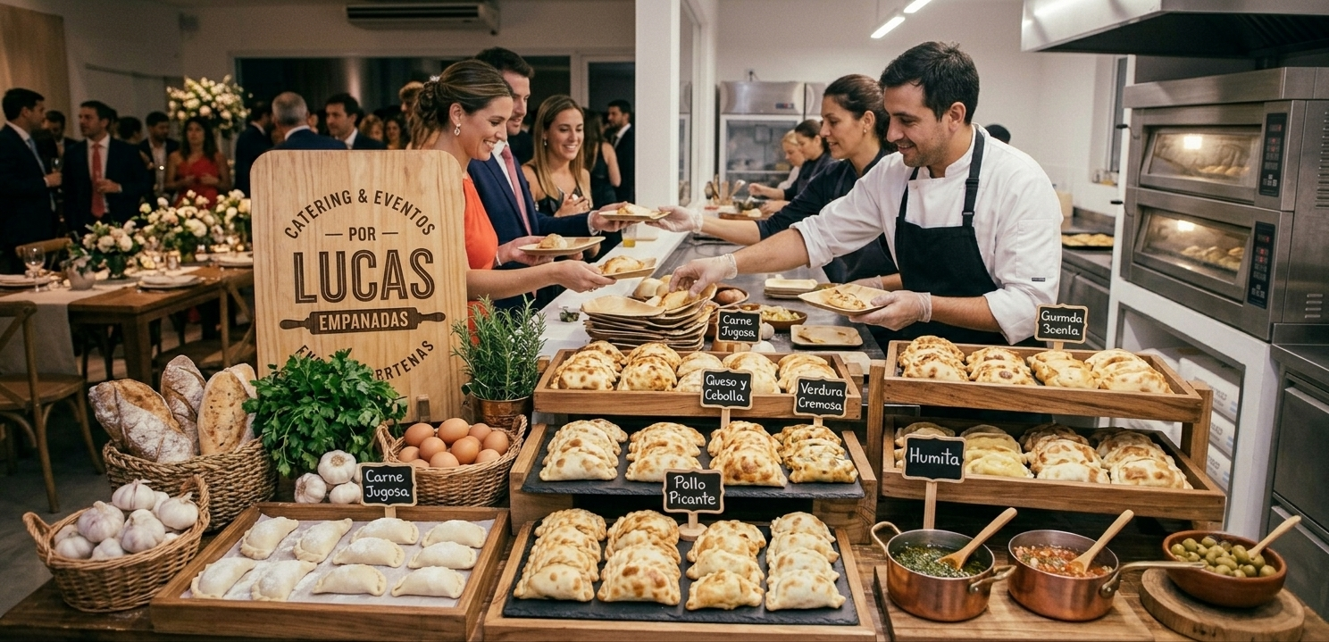 A catering setup at a dining event showing a chef serving empanadas from a table with labeled varieties such as cheese and onion, spicy chicken, and beef. Guests are lined up, holding plates, with tables set in the background.