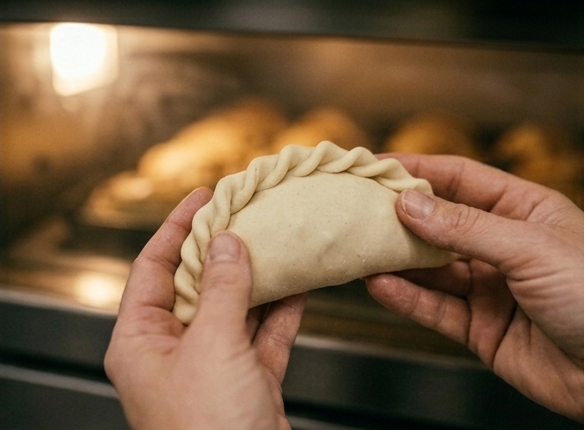 Hands holding a raw pastry with decorative braided edges in front of an oven baking other pastries.