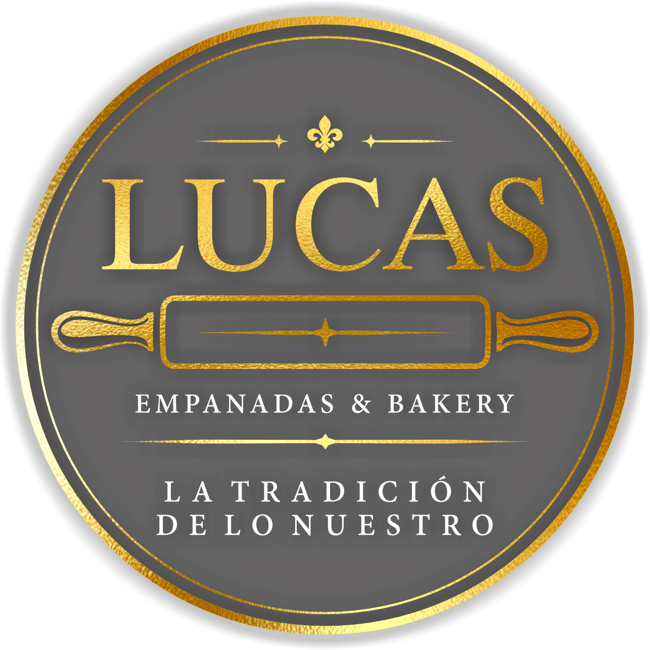 Black circular logo with gold accents for Lucas Empanadas & Bakery, featuring a rolling pin graphic and the phrase 'La tradición de lo nuestro' in Spanish.