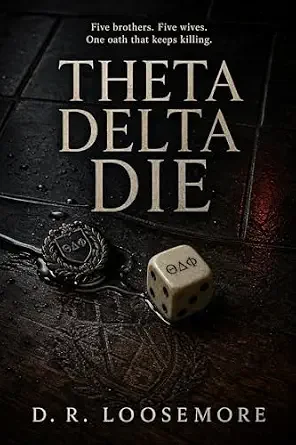 Book cover for 'Theta Delta Die' by D. R. Loosemore featuring a police badge, a dice with Greek letters, and a dark tiled floor.