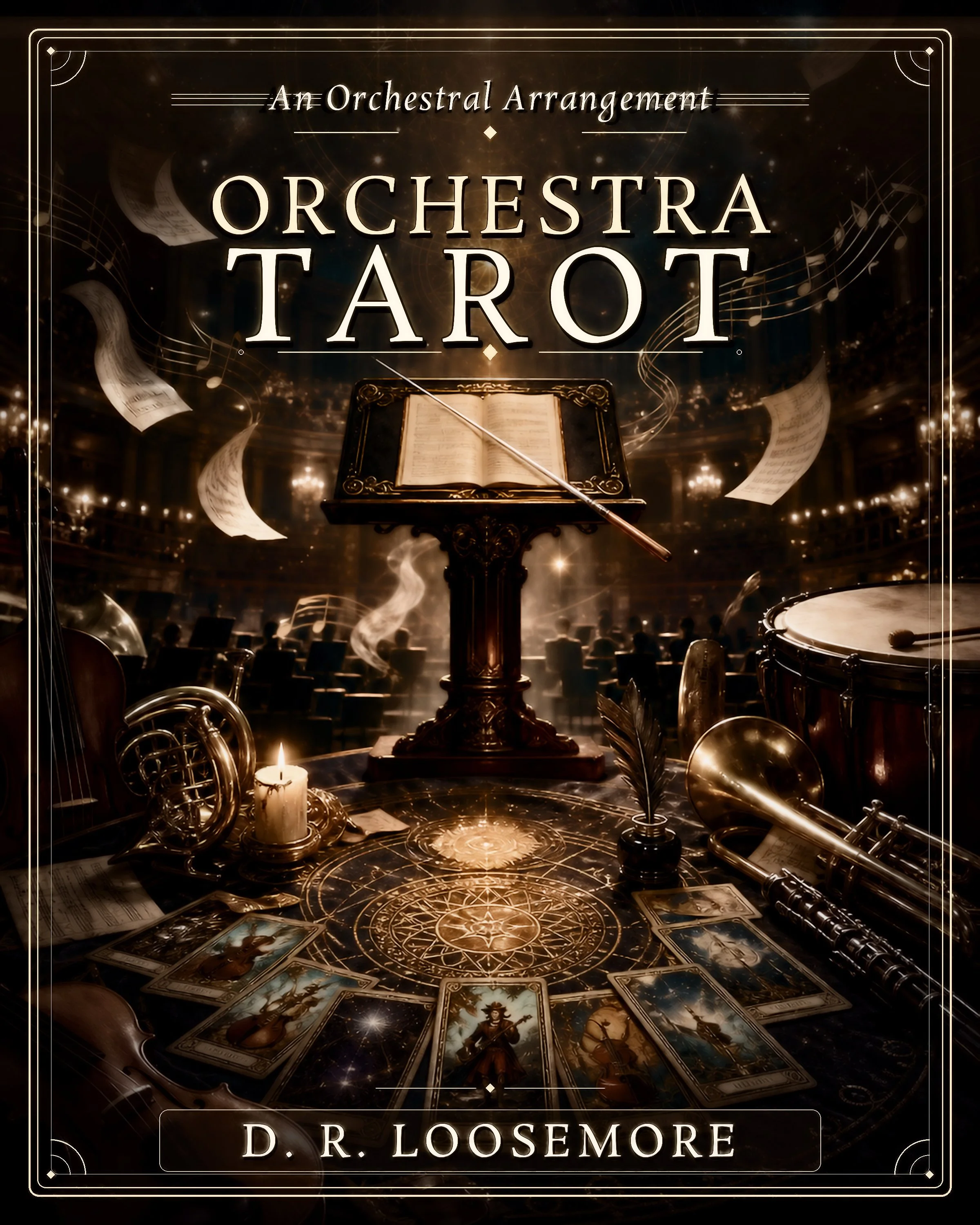 Book cover titled 'An Orchestral Arrangement' by D. R. Loosemore, featuring musical notes, sheet music, and tarot cards with mystical symbols on a dark, ornate background.