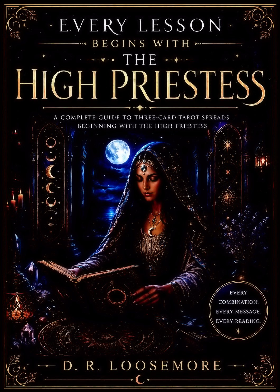 Book cover for "The High Priestess," featuring a mystical woman reading a tarot deck, with moons, stars, and a full moon in a night sky background.
