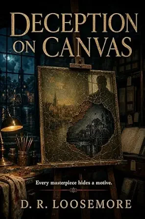 Book cover titled 'Deception on Canvas' by D. R. Loosemore, depicting an artist's studio with a painting showing a city landscape and a train, behind a cracked glass canvas.