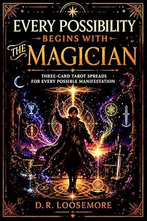 Book cover titled 'Every Possibility Begins with the Magician' featuring a humanoid figure surrounded by tarot symbols, celestial elements, and mystical imagery.