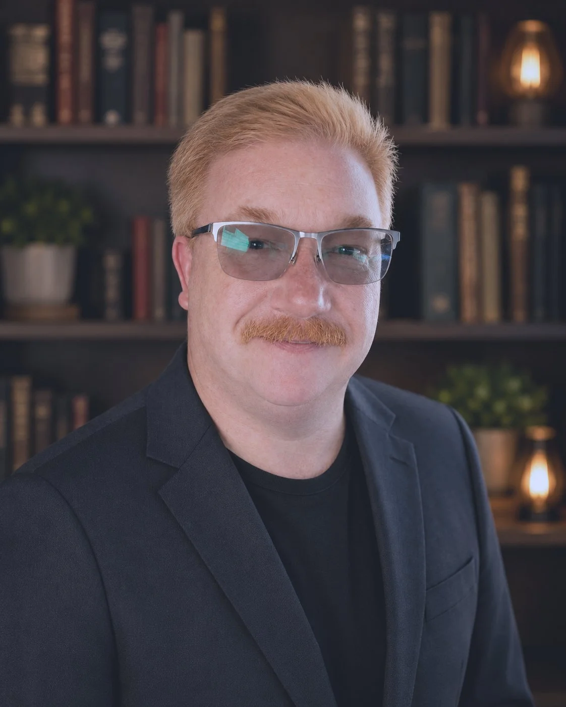 Portrait of a man with ginger hair and mustache wearing glasses and a black blazer, standing in front of a bookshelf with books and plants.