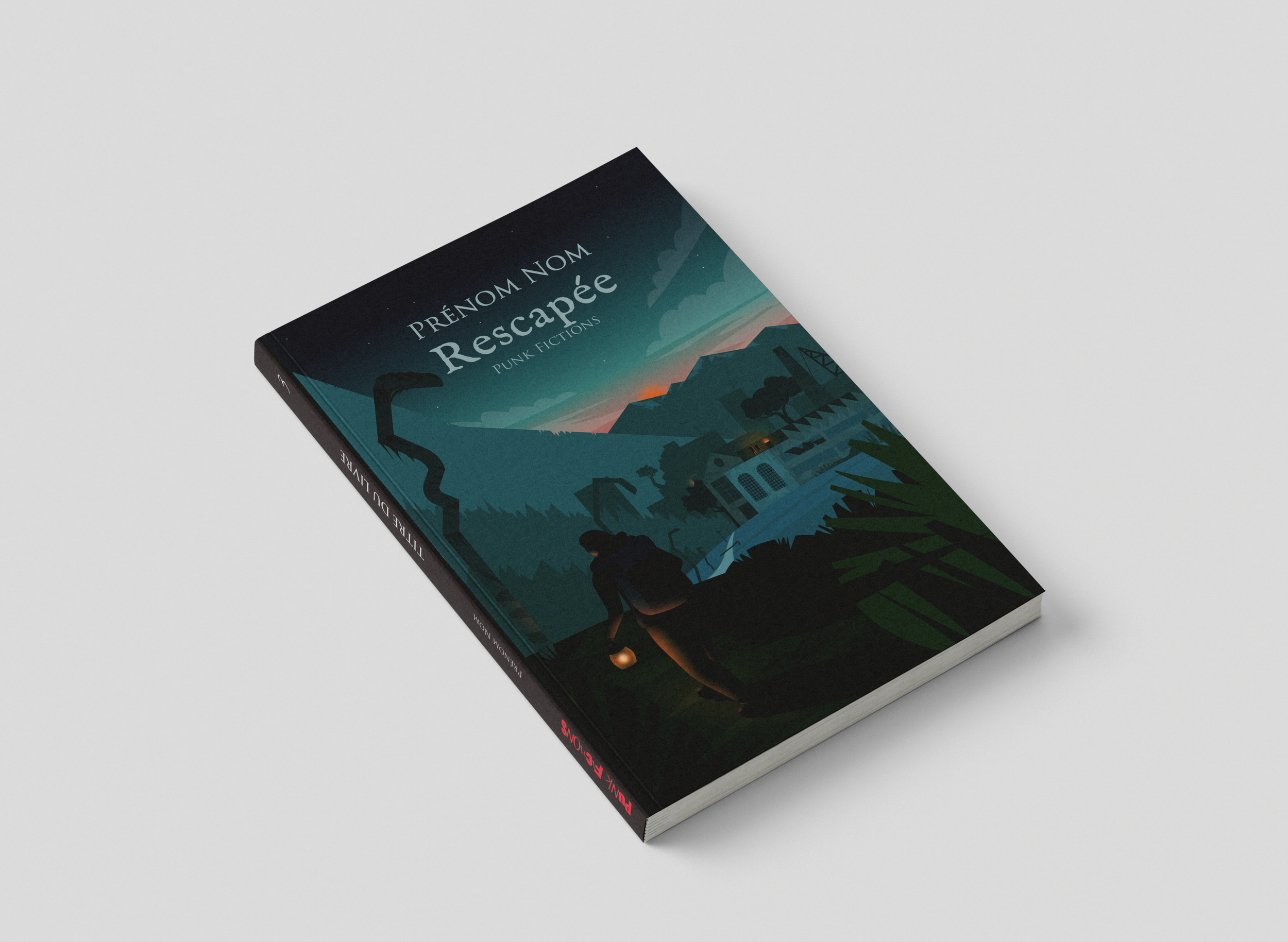 Couverture d'un livre intitulé 'Rescapé' de Prénom Nom, illustration d'une scène urbaine avec des montagnes au coucher de soleil.