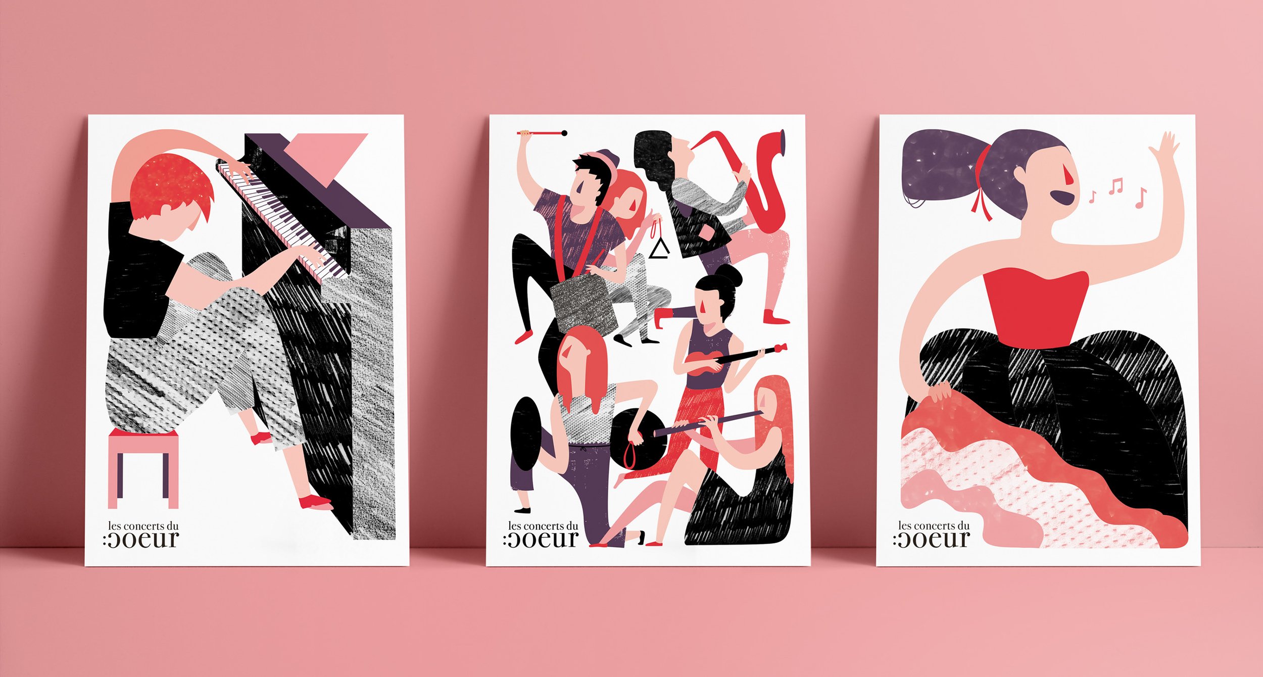 Trois affiches illustrées de concerts, chaque affiche représentant des personnages jouant différents instruments ou chantant, avec un style graphique abstrait et coloré, sur un fond rose