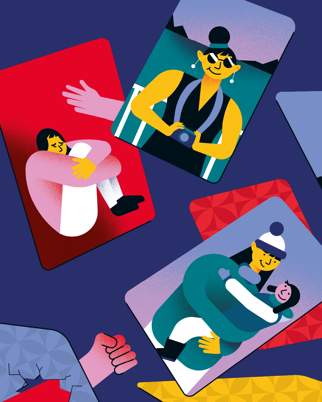 Illustration de plusieurs personnes prenant des selfies ou posant pour des photos, portant des vêtements d'hiver, dans un style graphique coloré et stylisé.