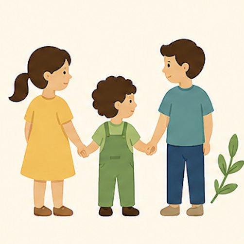 Three children, a girl, a boy, and a younger child, holding hands and standing next to a small green plant.