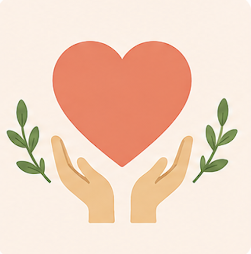 Two hands holding a large red heart with two green leaves on either side.
