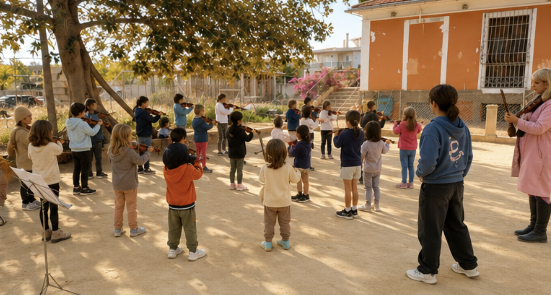 Children and adults standing outdoors in a circle, playing violins in what appears to be a music class or practice session, near a peach-colored building and large tree.