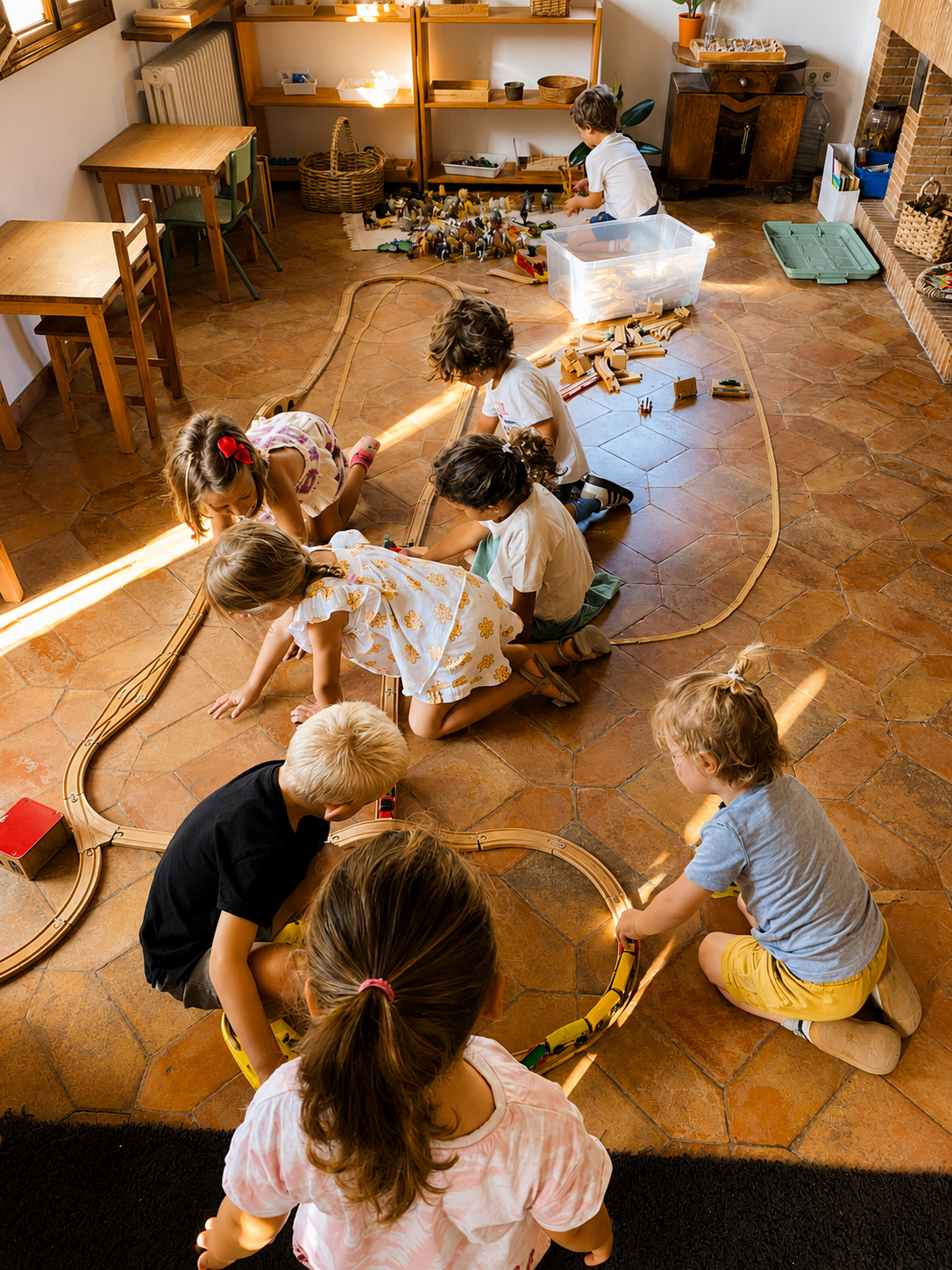 Children playing with a wooden toy train set on a tiled floor in a room with shelves and furniture.