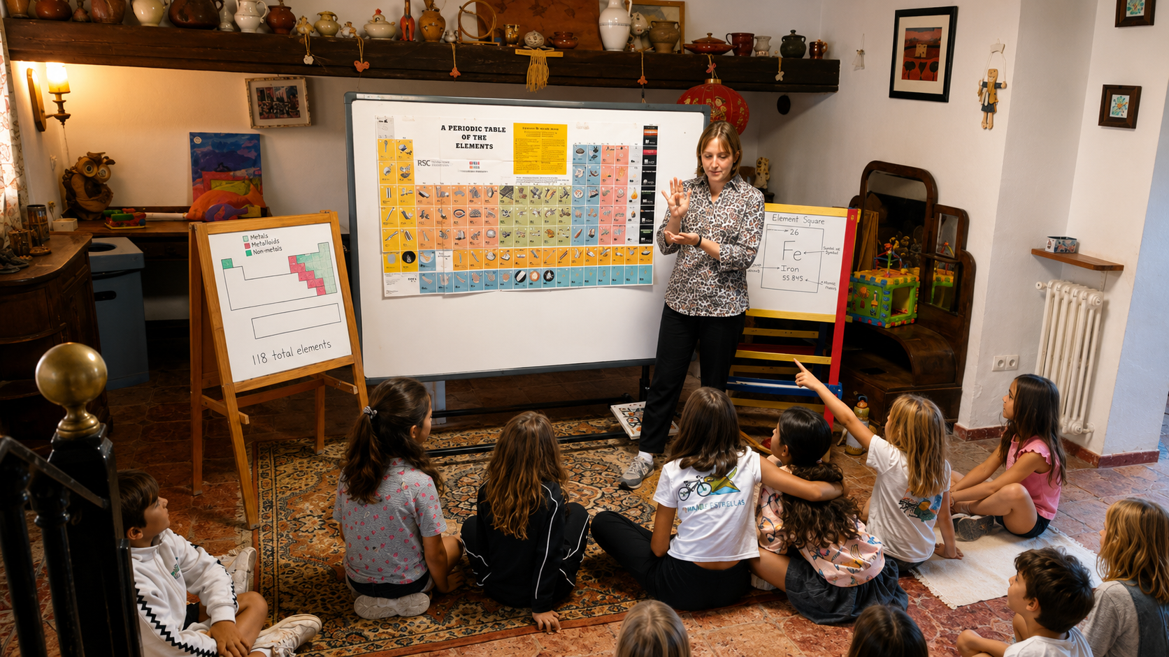 A classroom setting with a teacher standing in front of a whiteboard showing the periodic table of elements. Several children sit on a rug, attentively listening, with one child pointing at the board. The classroom has shelves with pottery and decorative items, and a small whiteboard on an easel displaying a chart of the number of elements by type.