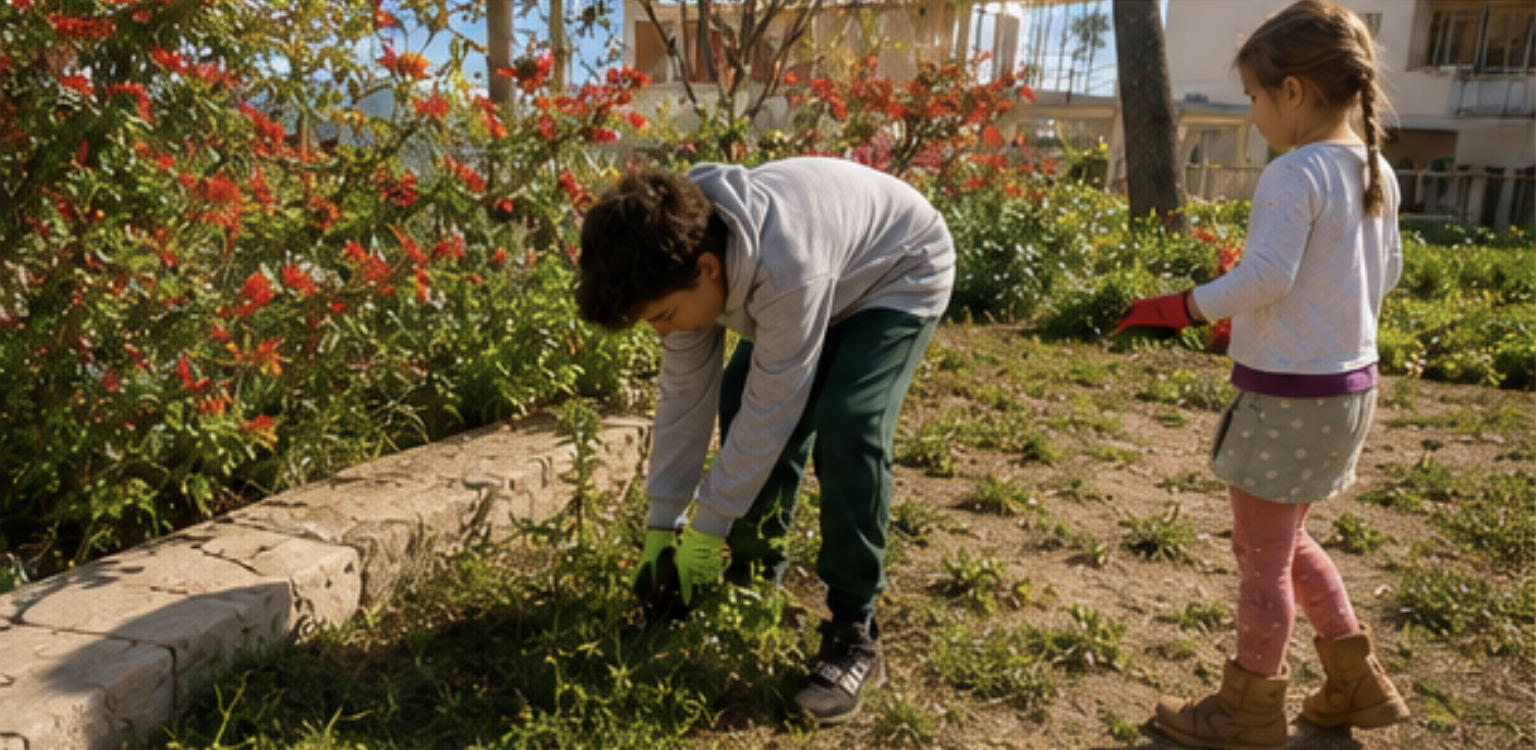 A boy and girl gardening outdoors in a yard with plants, flowers, and trees on a sunny day.