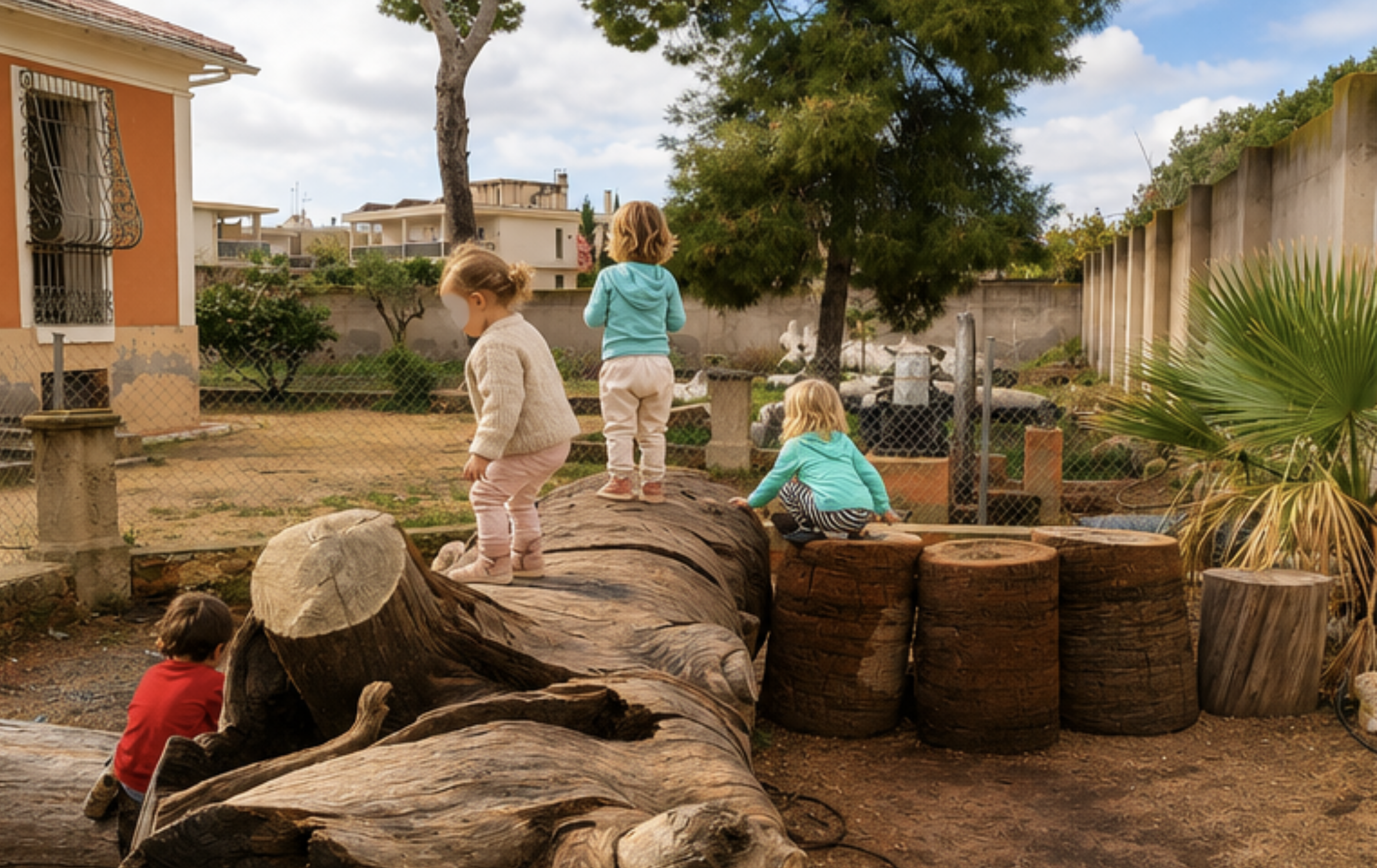 Four children playing outdoors on wooden logs and stumps, with houses and trees in the background.
