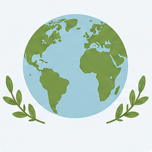 Illustration of Earth with green continents and blue oceans, surrounded by green leaves.