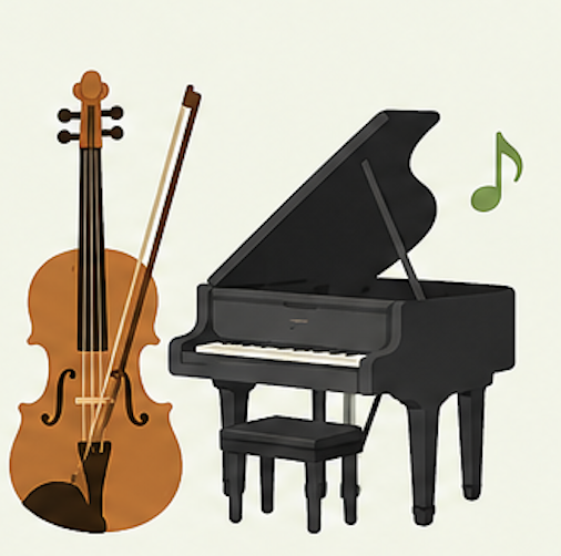 Illustration of a violin, bow, grand piano, and a green musical note.