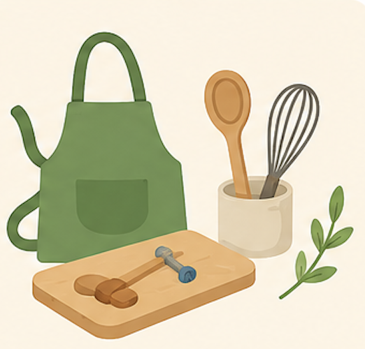 Illustration of a green apron, wooden spoon, metal whisk, sprig of green leaves, and wooden utensils on a cutting board.