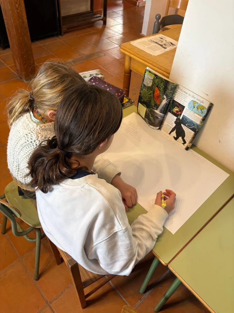 Two children sitting at a table, looking at educational books about animals and nature, with one child drawing on a large sheet of paper.