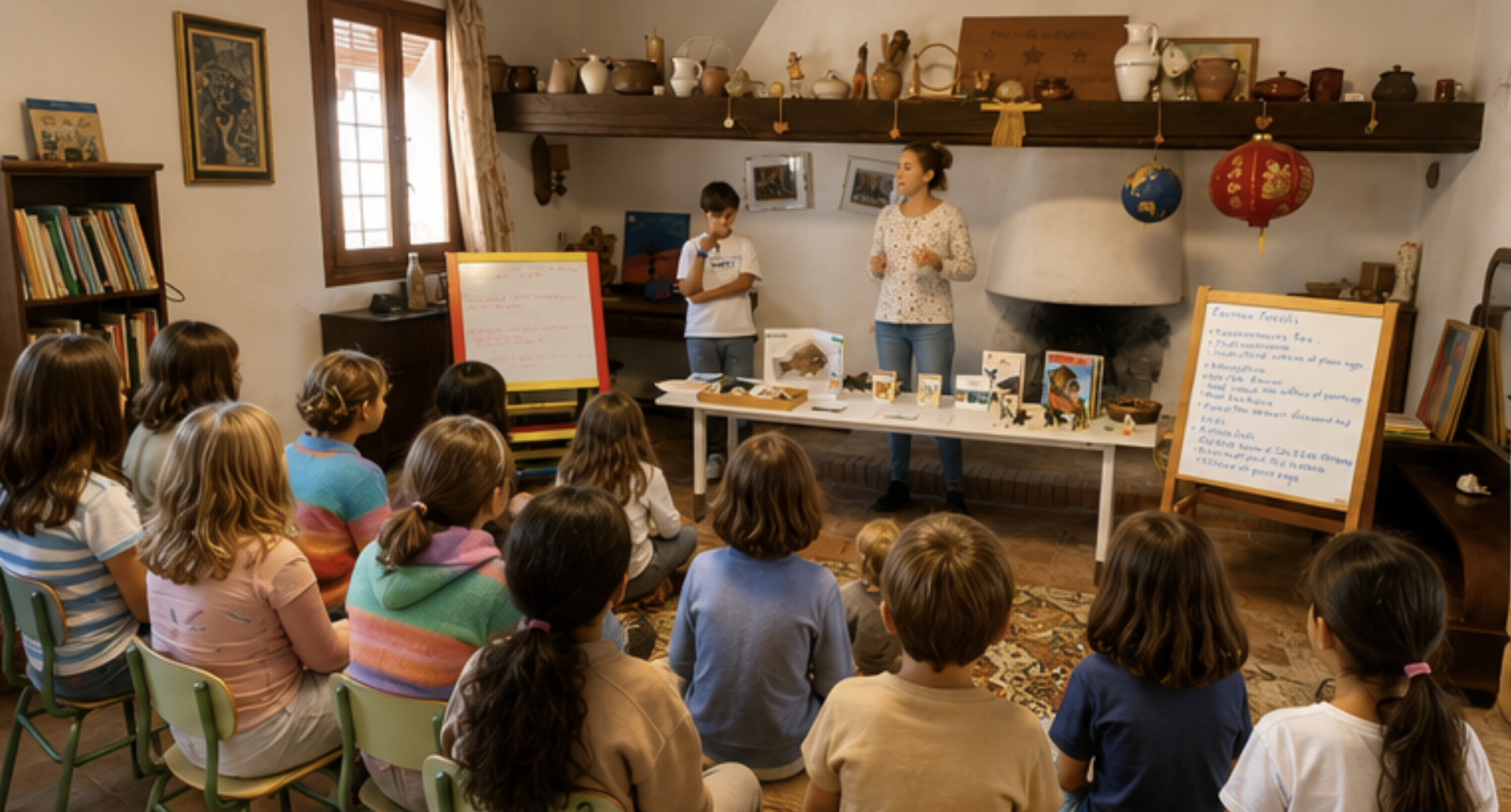 A group of children sitting on chairs in a rustic room, attentively listening to a woman presenting at a table with books and educational materials. The room has shelves with pottery, framed pictures, and a fireplace, with a window letting in sunlight.