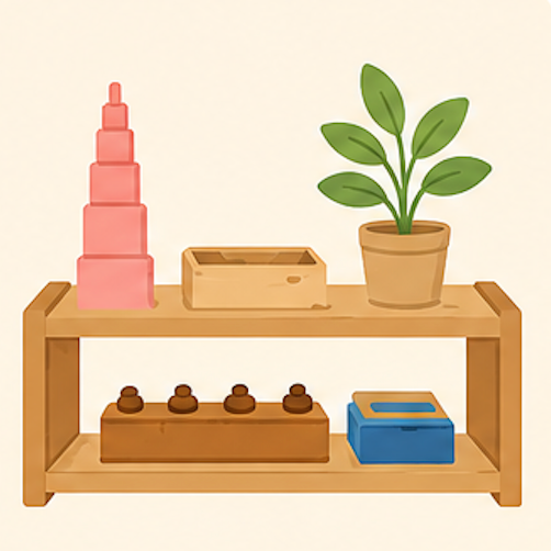 A wooden shelf with a pink stacking block tower, a small wooden box, a potted plant with green leaves, a brown wooden pull toy, and a blue box.