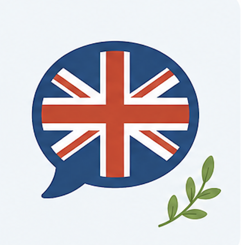Speech bubble with the British flag and a small green branch with leaves.