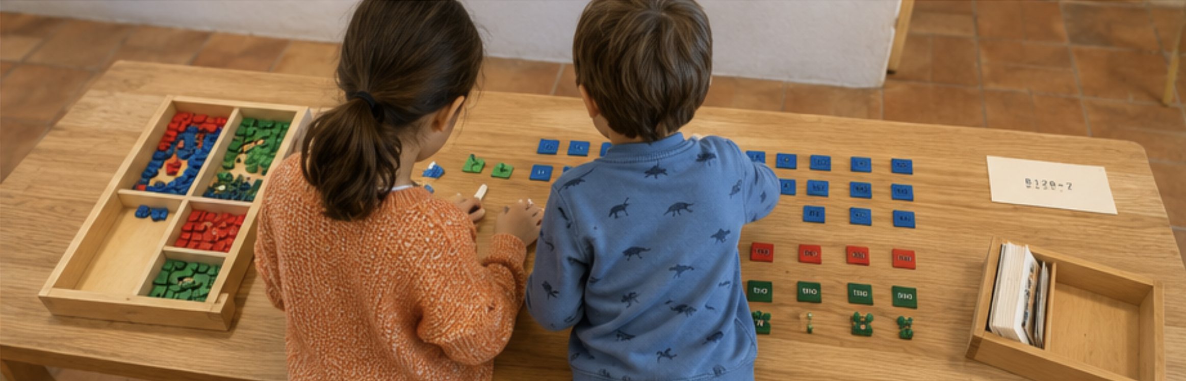 Two children sitting at a wooden table playing a math game involving colorful tiles with numbers, symbols, and words, with a tray of additional tiles and a small card with numbers on it.