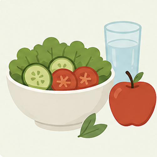 A bowl of fresh salad with cucumber, tomato, and lettuce, a glass of water, and an apple on a light background.