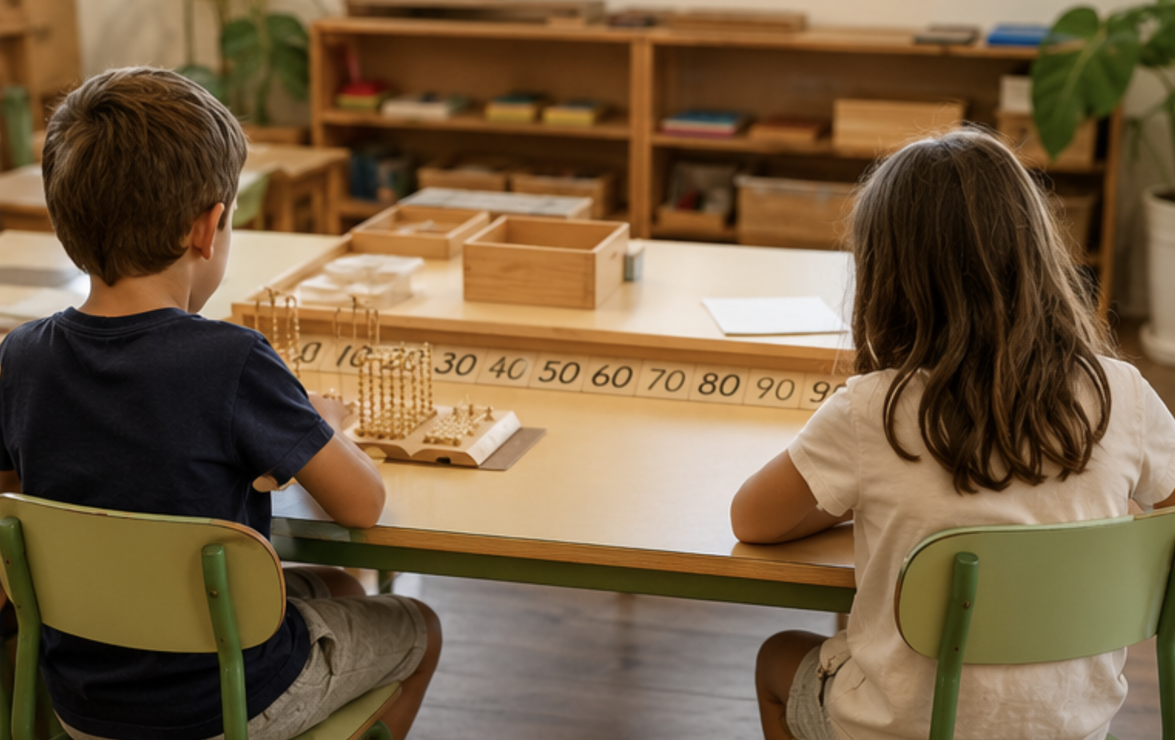Two children sitting at a table in a classroom, facing away from the camera, engaging with educational materials. There are wooden storage shelves with books and educational items in the background.