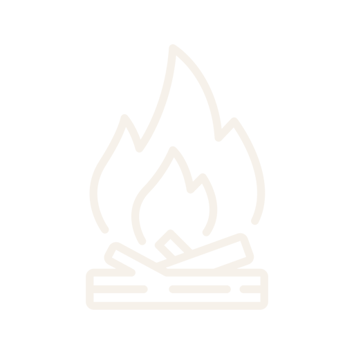 Icon of a campfire with flames and logs on a black background.