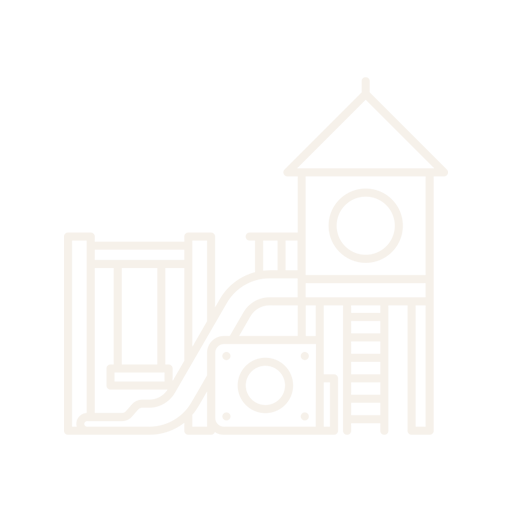 Simplified line drawing of a playground with a slide and a tower on a black background.