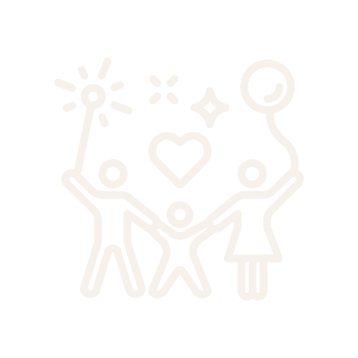 Line drawing of three people holding hands, with celebratory symbols, a heart, and a balloon above them.