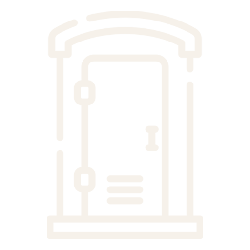 Outline drawing of a shower or steam room with a door and shower fixtures inside
