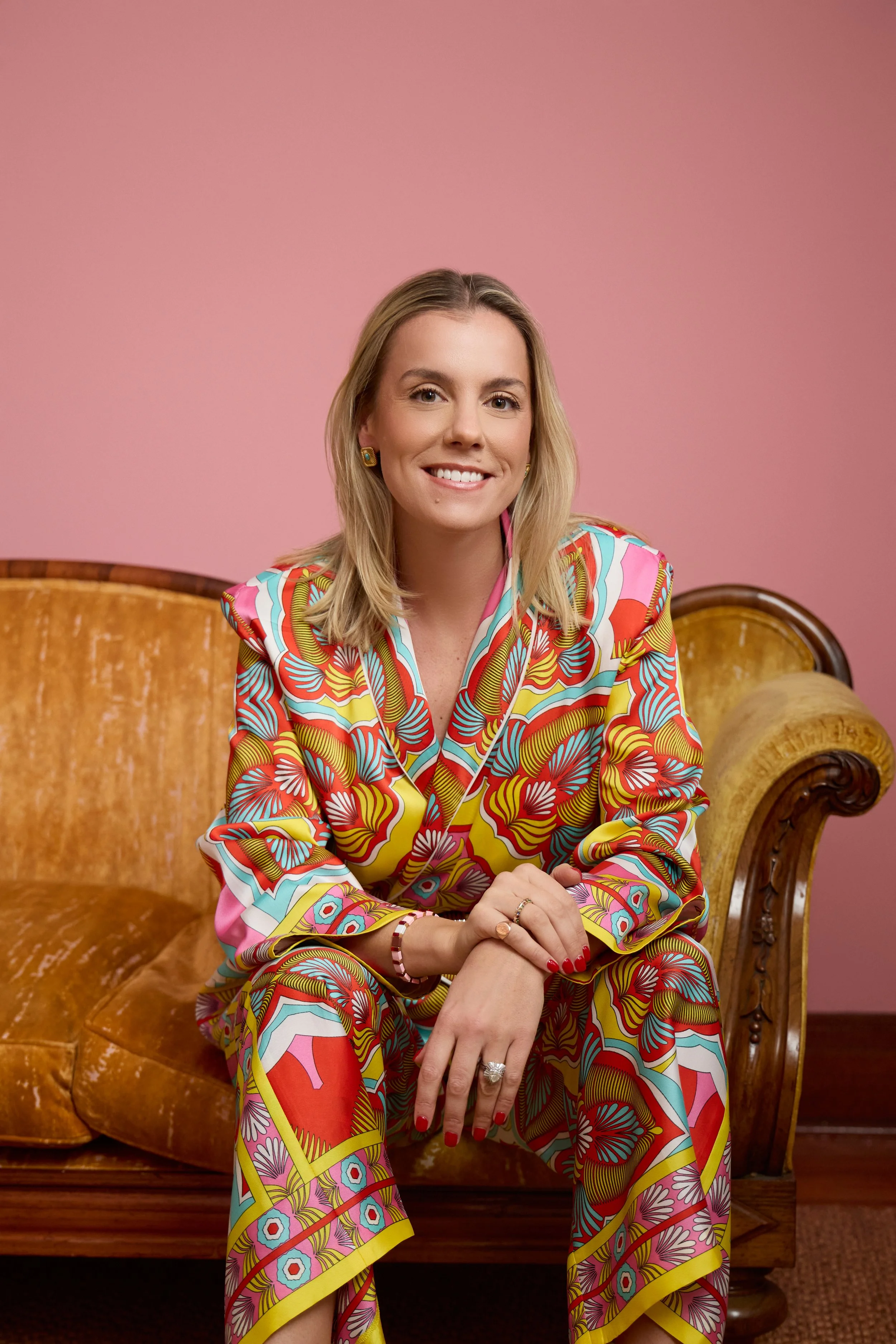 Anastasia Grace, Melbourne personal stylist, wearing a colourful silk pyjama set styled for the Anastasia Grace Styling brand