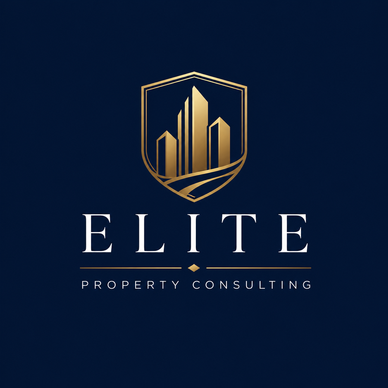 Logo for Elite Property Consulting featuring a gold shield with stylized gold skyscrapers, navy background, and white text.
