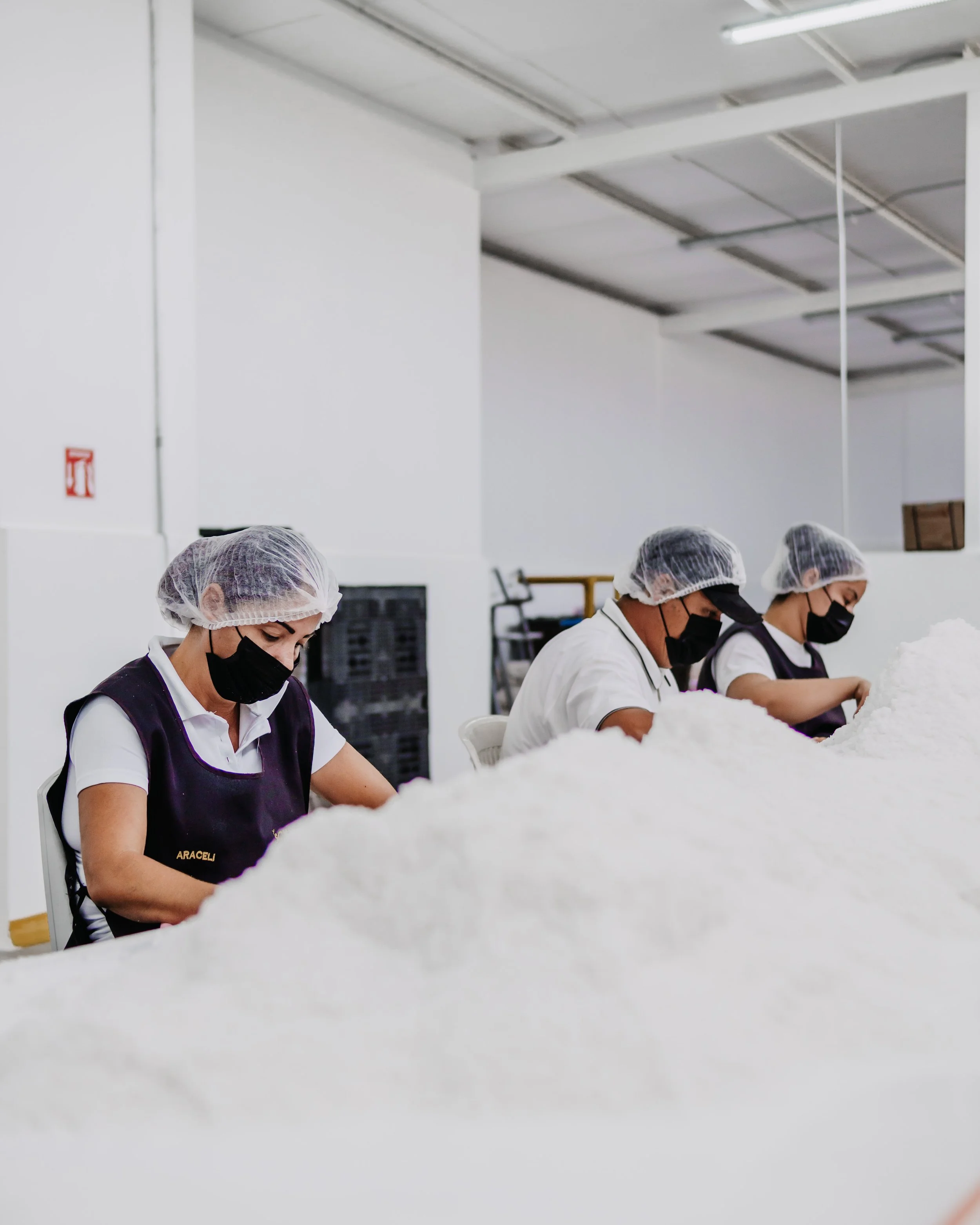 Personas trabajando en un entorno industrial, usando gorros y mascarillas, con una masa blanca sobre la mesa.
